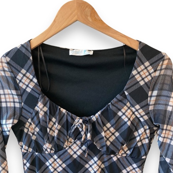 Primark Y2K Plaid Bodycon Mesh Mini Dress Empire Waist Flare Sleeves Size 4 - Picture 9 of 11